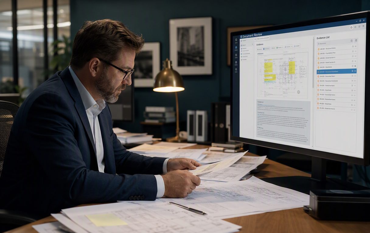 Consultant analyzing technical engineering documents with a structured review interface on screen