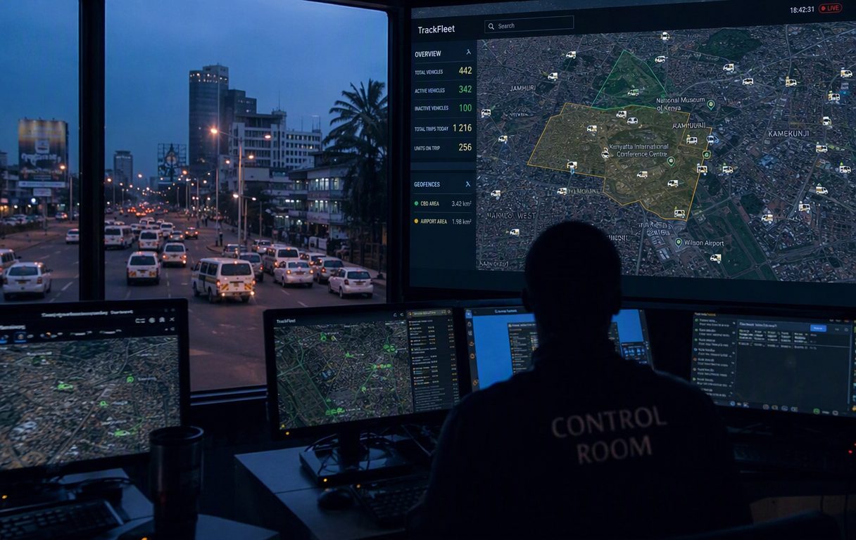 Fleet control room with a live city map of vehicle positions at dusk