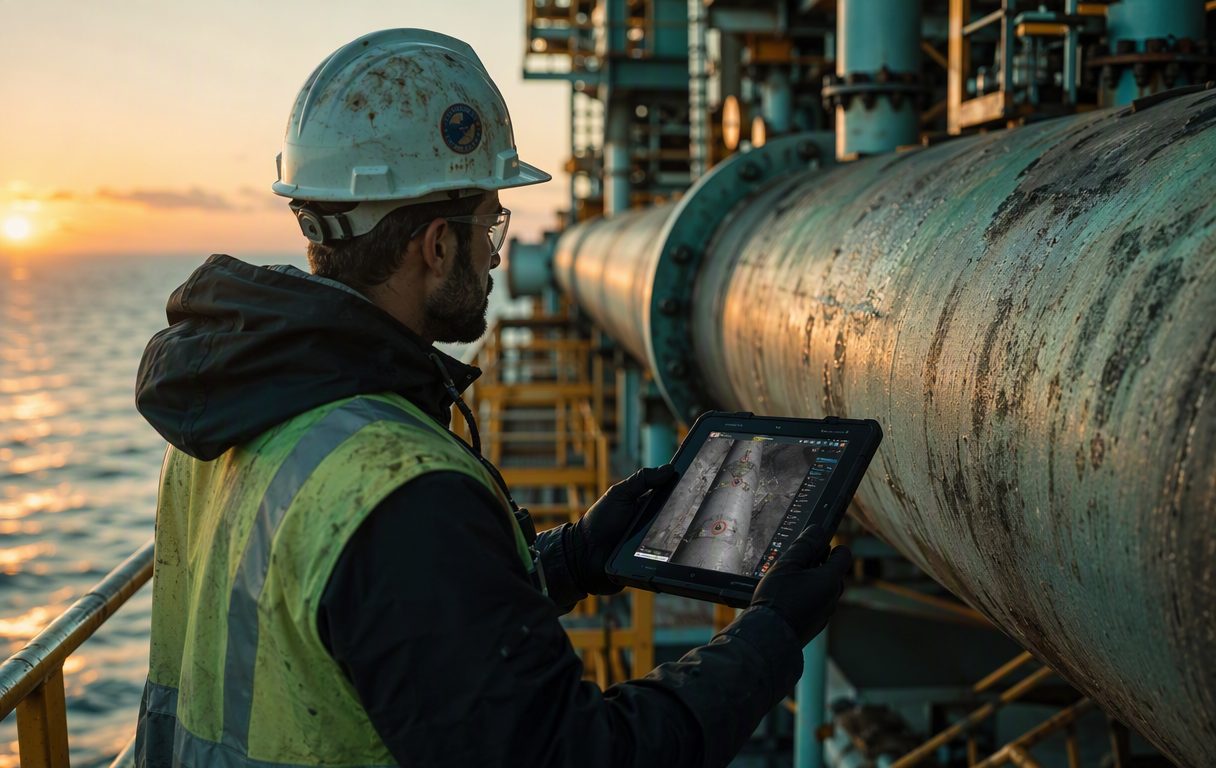 Inspection engineer examining an industrial pipeline with a rugged tablet on an offshore platform