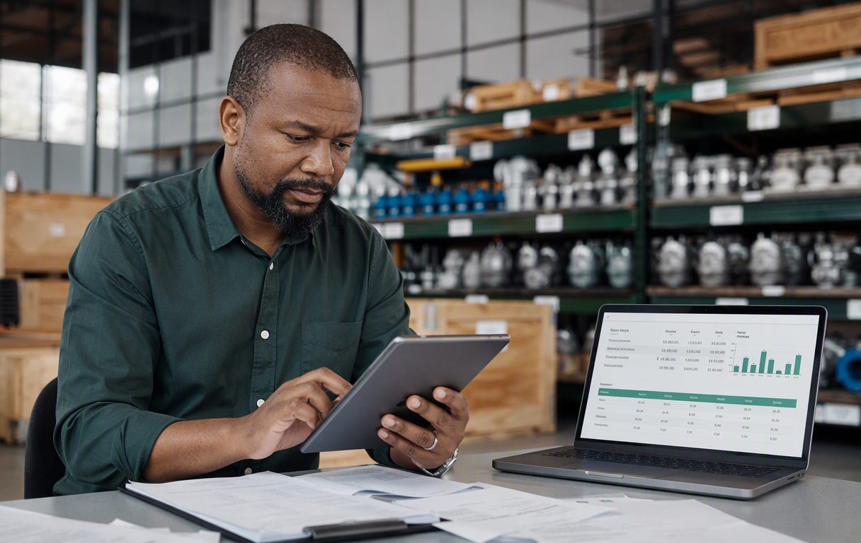 Procurement professional reviewing supplier quotations on a tablet in an industrial warehouse